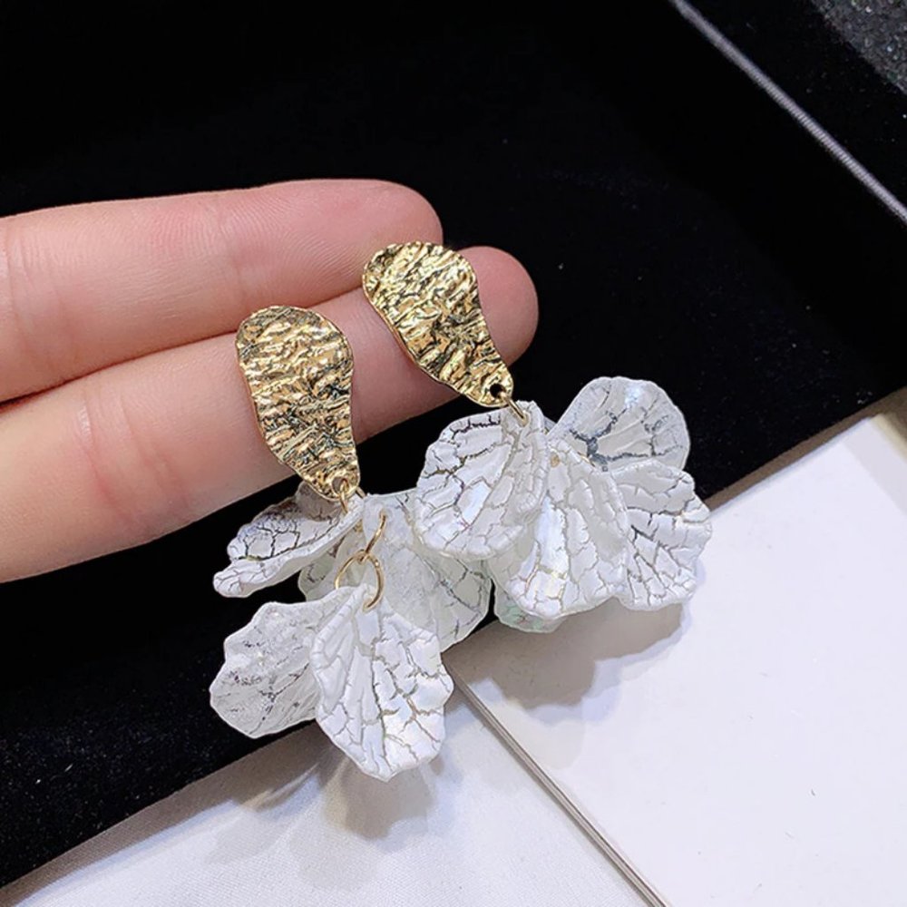 White Shell Flower Petal Drop Earrings - Picture 3 of 9